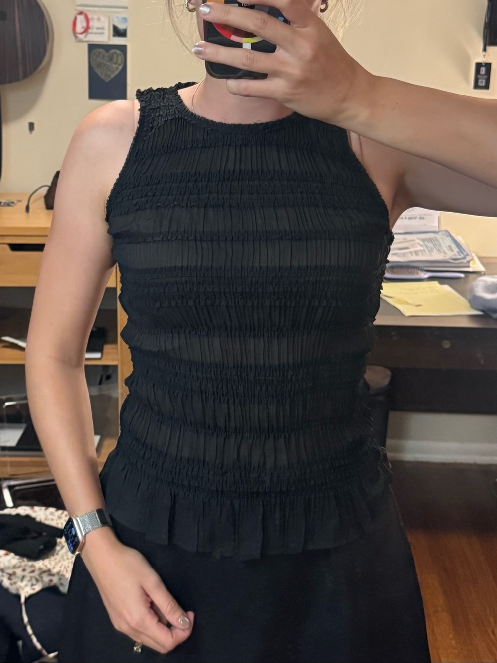 AllSaints Black Semi Sheer Smocked Sleeveless Tank Top us 0 xs